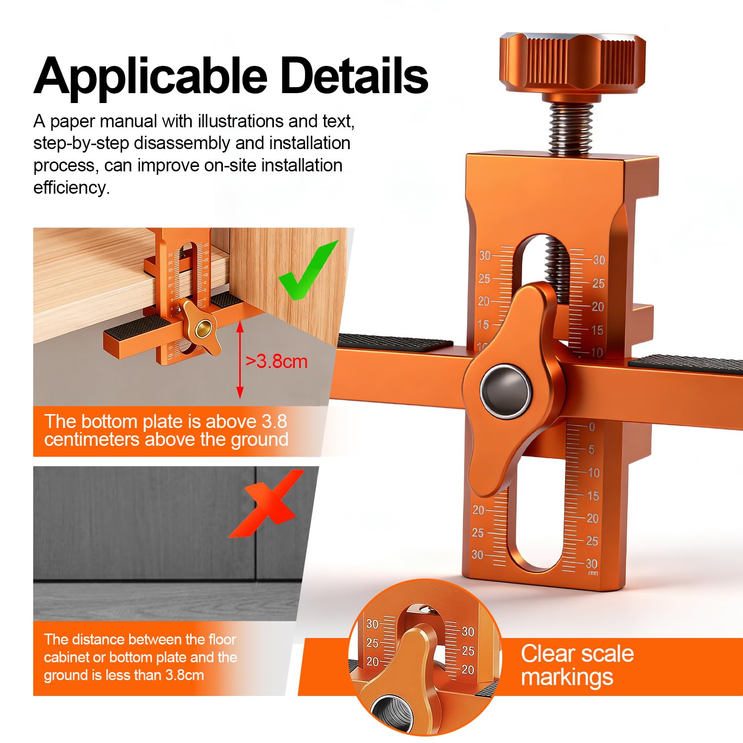 2-en-1 Positionneur d'Installation de Porte d'Armoireréglable en Hauteur, Gabarit de Percage, Forets 6/8/10 mm, pour Porte d'Armoire, Compatible panneaux 7–40 mm, Manuel d'instructions illustré