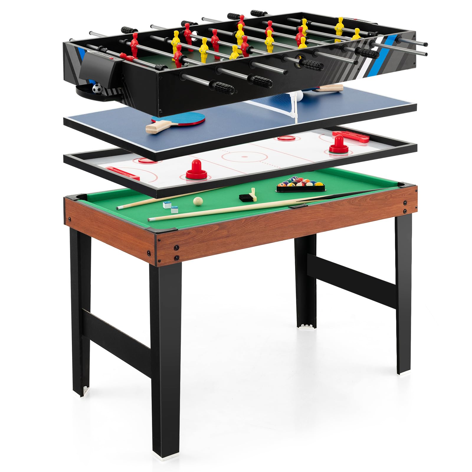 GOPLUS Mesa Multijuegos Convertible 4 en 1 de 125 cm con Futbolín, Hockey, Ping Pong, Billar