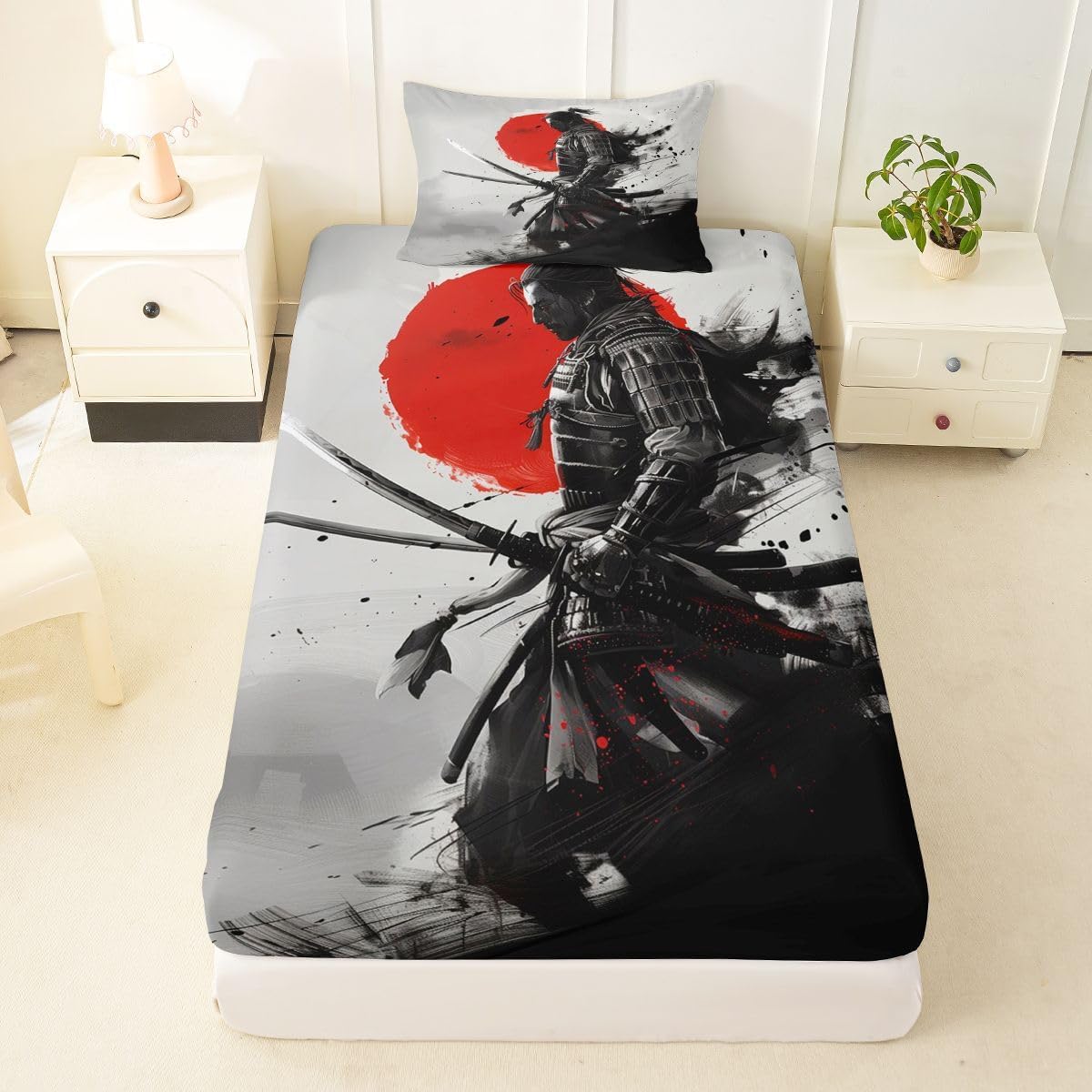 jejeloiu Samurai Bed Sheets Set Twin Size Sunset Bed Set for Kids Boys Girls Japan Deep Pocket Fitted Sheet Japanese Ukiyoe Breathable Soft Lightweight Microfiber