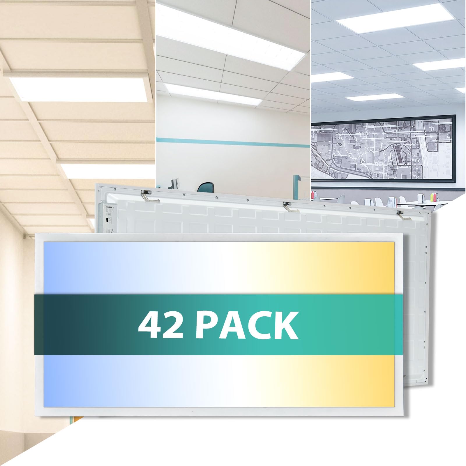 42-Pack 2x4 LED Flat Panel Light Drop Ceiling, 0-10V Dimmable, 5000K 4000K 3000K Selectable &amp; 50W 40W 30W Switchable, 100-277Vac, ETL &amp; DLC