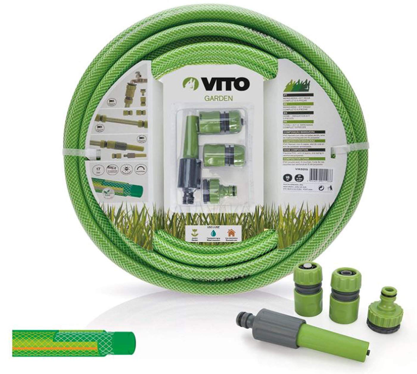 VITO Garden Gartenschlauch 19mm (3/4 Zoll) 25m | 17 bar | inkl. Wasserspritze, Schlauchverbindern und Hahnanschlussstück | Wasserschlauch Set | Farbe: grün (Set 19mm 25m)