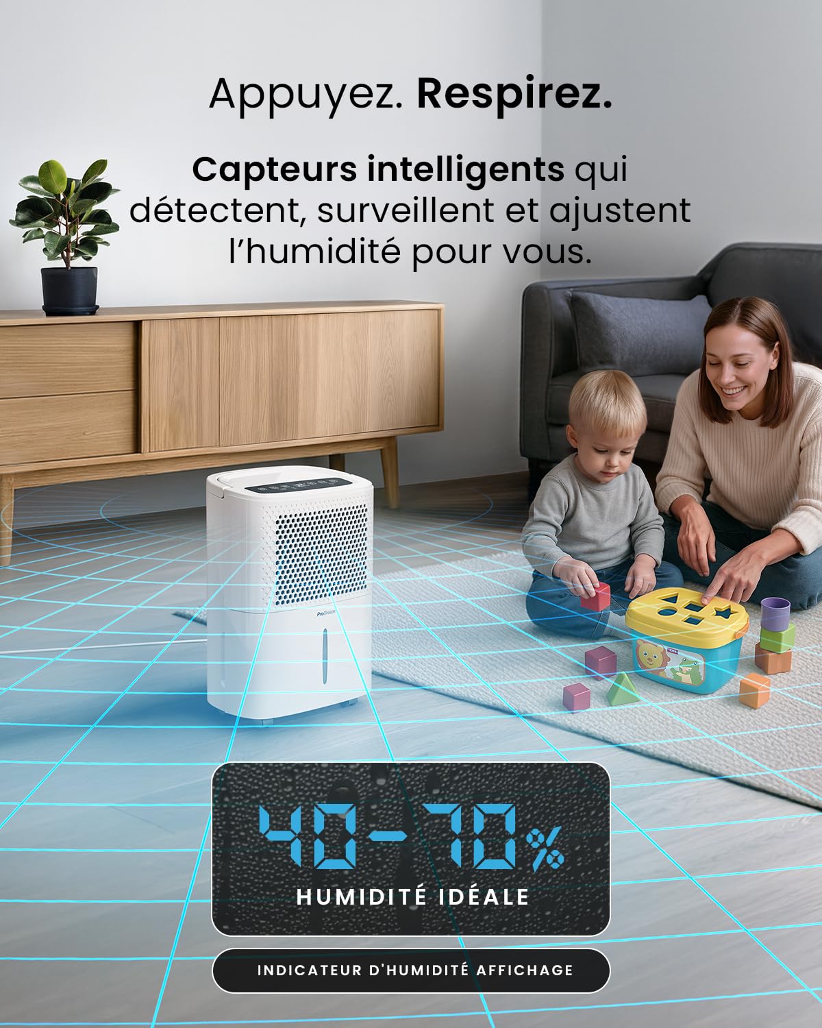 Pro Breeze Déshumidificateur d'Air Silencieux 12L/Jour - Absorbeur d'Humidité - 40 dB, Réservoir 1,8L, Drainage Continu, Minuterie 24h, 3 Modes- Idéal Contre l'Humidité & Moisissure