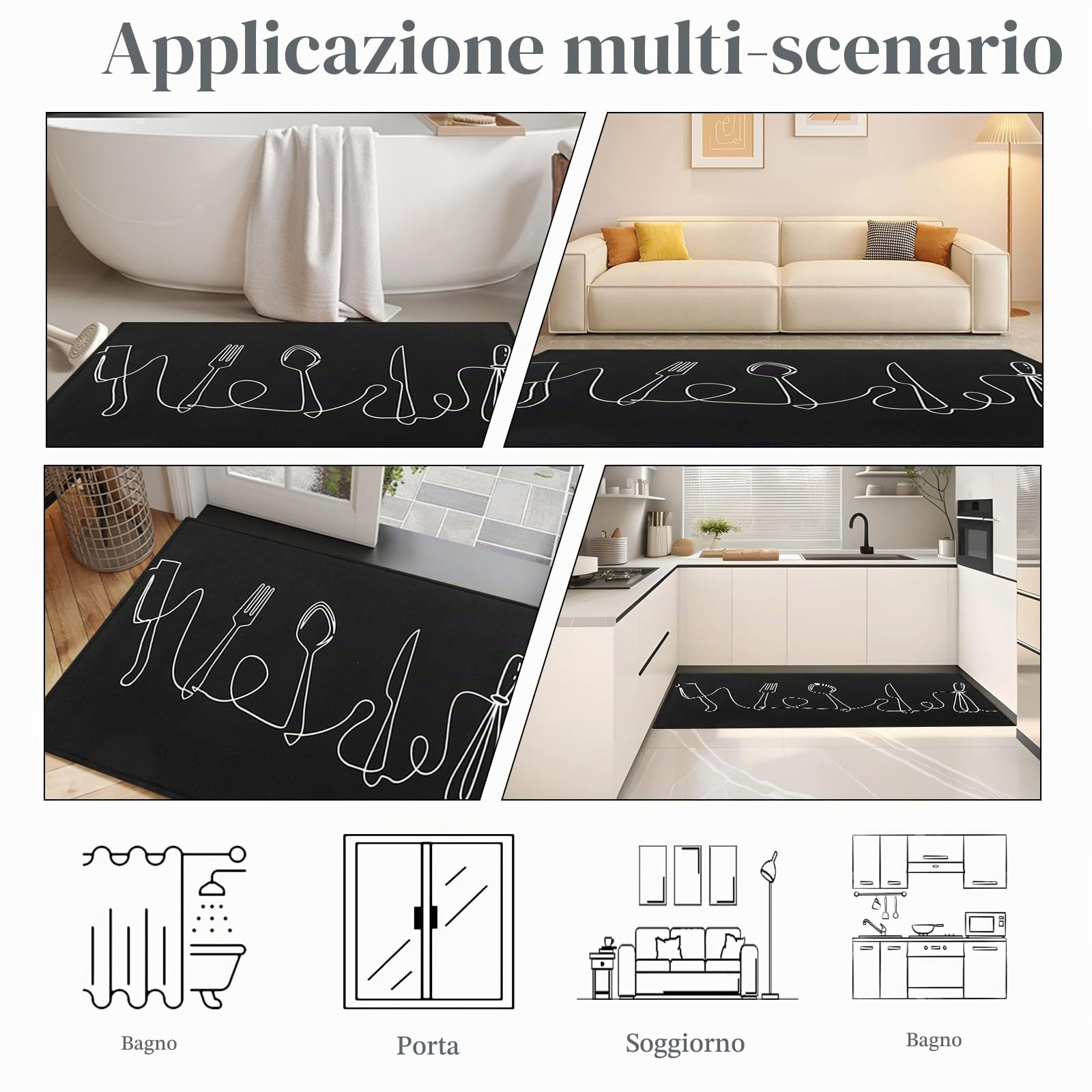2 pezzi tappeti e stuoie da cucina, tappetini da cucina antiscivolo lavabile, per cucina, corridoio, soggiorno, camera da letto,nero,43x75+43x150cm
