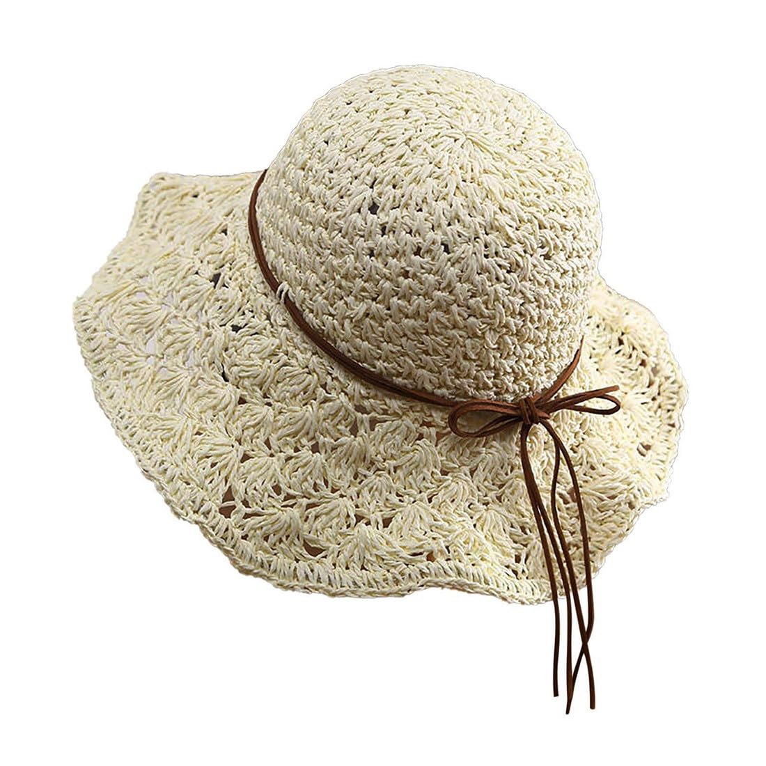 AKJAXQU Sombrero de Paja de Mujeres, Playa de Sombrero de Sol Plegable ala Ancha, Gorra de Sol Suave Circunferencia de Cabeza 56~58cm