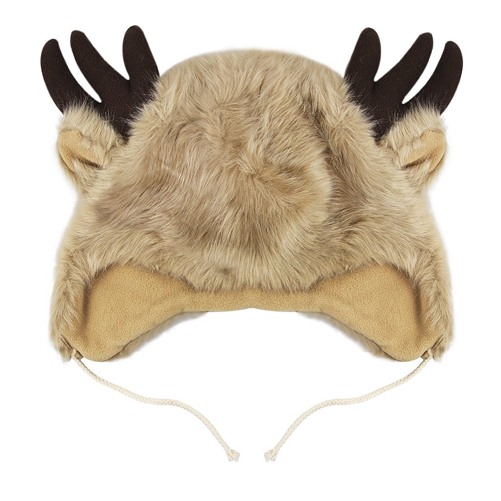 YJZQ Bonnet unisexe Bonnet animal Chaud Chapeau tête de Renne et Corne du Veau Cagoule en Peluche Casquette Fausse Fourrure pour Adult Grand Enfants Cadeau Noël Aniverssaire Fête