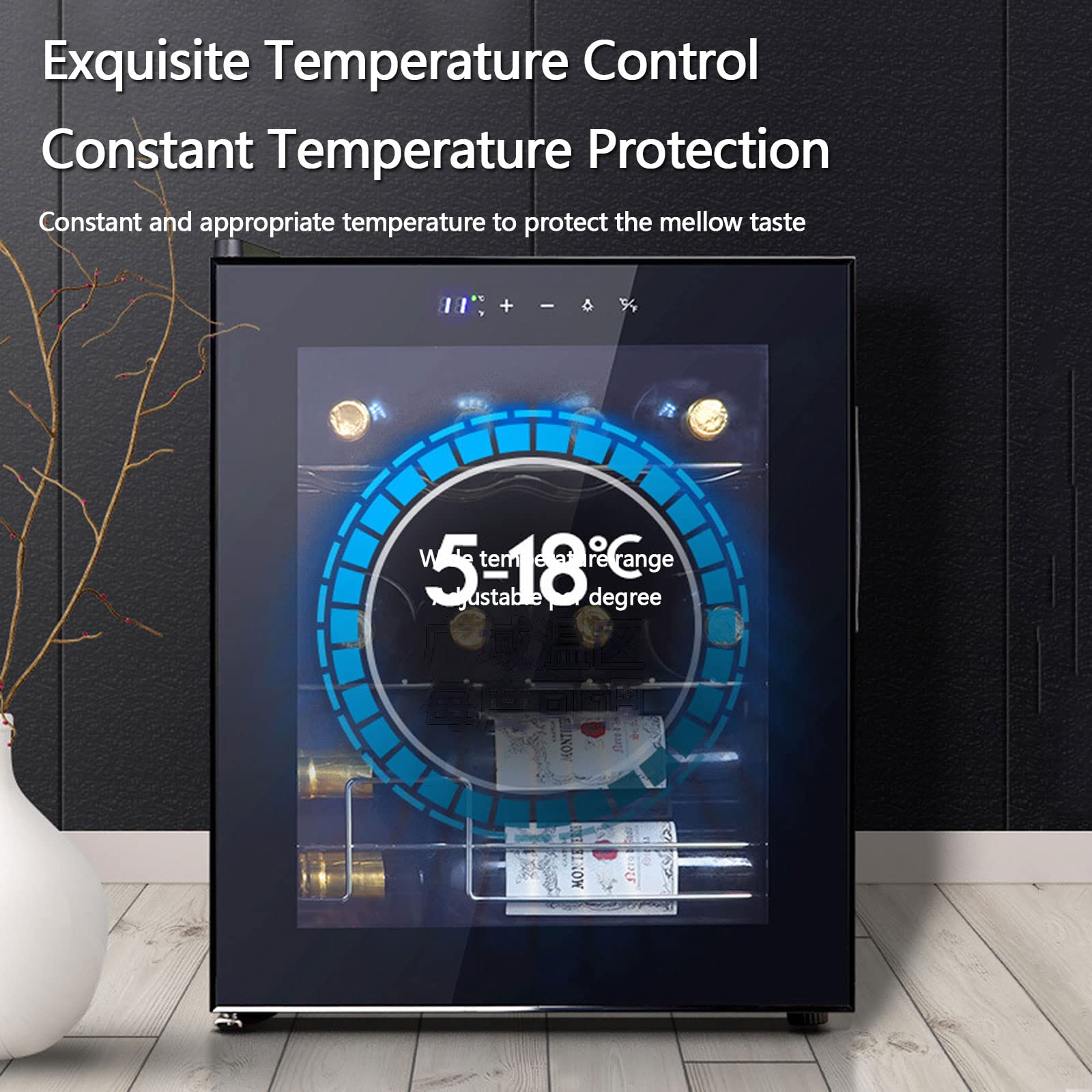 Nevera para Vinos, Enfriador Cava de Vinos para 12 Botellas con Panel de Control Digital, Temperaturas de 5 a 18°C, Luz LED Interior, Control de Temperatura, Puerta de Vidrio, Negro