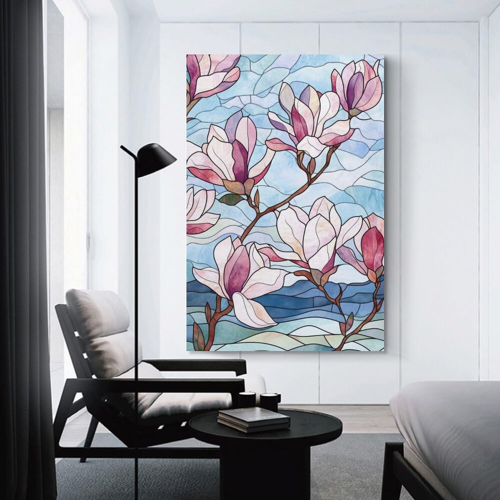 Junmoney Stained Glass Magnolia Flowers Room Decor Wall Art, 24x36inch(60x90cm), for Bedroom, Guest Room Or Reading Nook, Home Artwork with A Soft Interior Feel