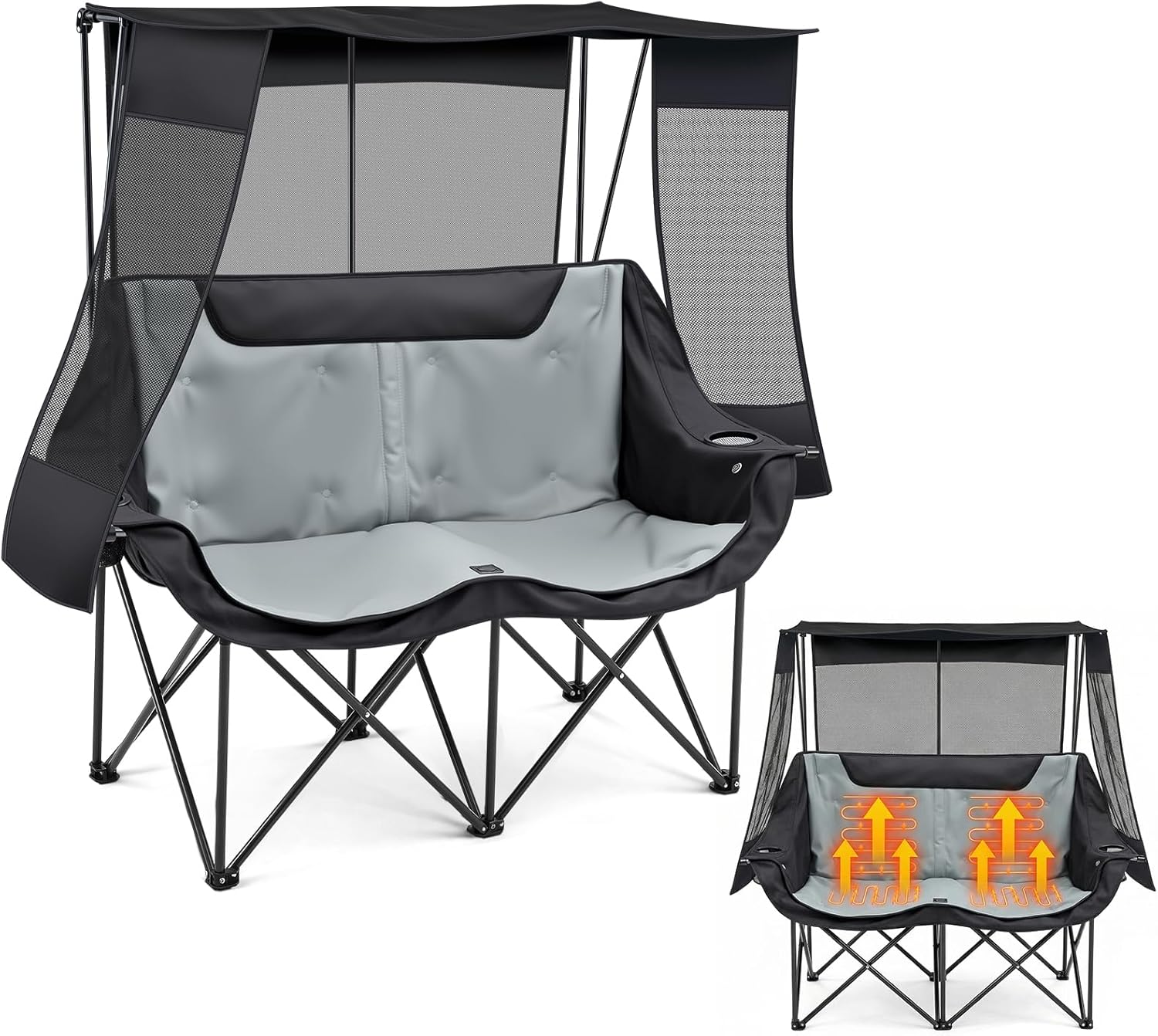 Oversized Heated Camping Chair with Canopy & Cup Holders, 660lbs
