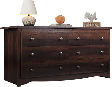 WLIVE Dresser for Bedroom, 59” Wide Chest of Drawers with 6 Drawer, Wood Long Nightstand with Drawers, Modern Large Storage Tower Unit, Closet Store Organizer for Living Room, Hallway, Brown