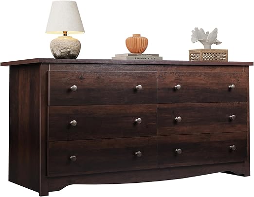 WLIVE Dresser for Bedroom, 59” Wide Chest of Drawers with 6 Drawer, Wood Long Nightstand with Drawers, Modern Large Storage Tower Unit, Closet Store Organizer for Living Room, Hallway, Brown