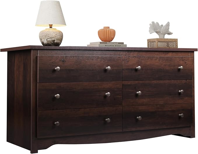 WLIVE Dresser for Bedroom, 59” Wide Chest of Drawers with 6 Drawer, Wood Long Nightstand with Drawers, Modern Large Storage Tower Unit, Closet Store Organizer for Living Room, Hallway, Brown