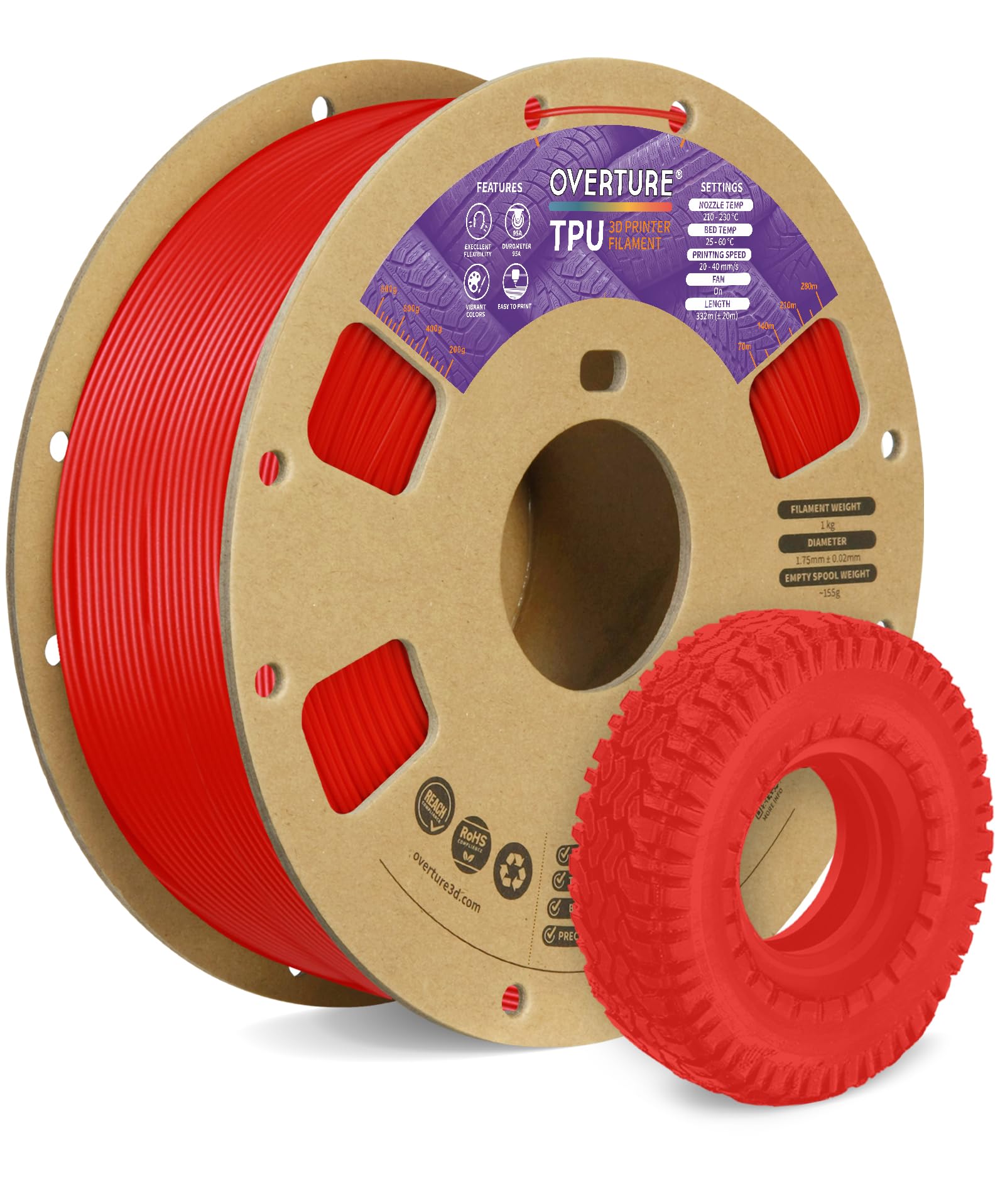 OVERTURE Filamento TPU 1kg, 1.75mm Flessibile TPU Filamento per Stampante 3D, Elevata Liquidità, Precisione Dimensionale +/- 0.02 mm, per Stampante 3D (Rosso)