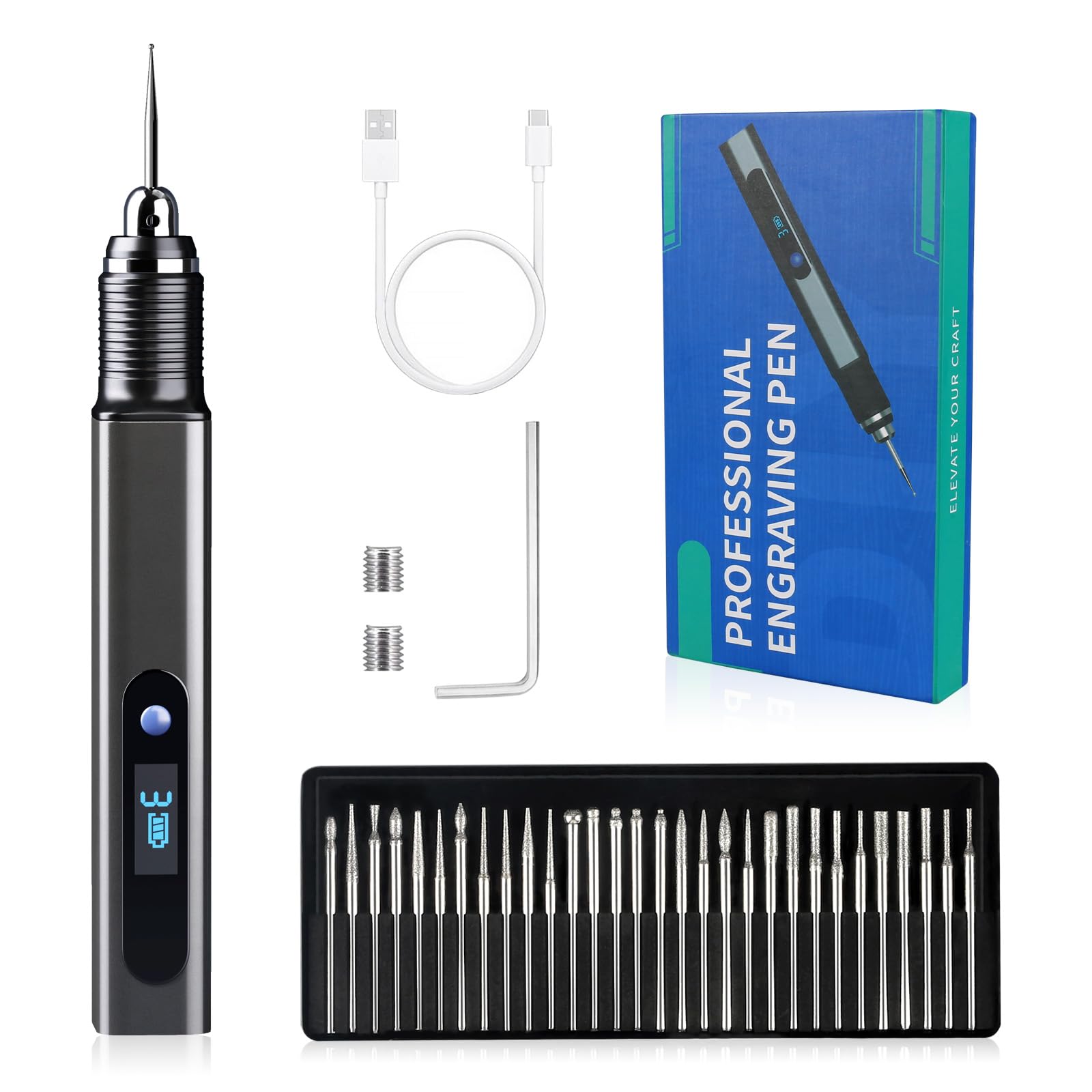 Bolígrafo de grabado eléctrico con 30 bits, bolígrafo de grabado inalámbrico recargable por USB, máquinas de grabado mini profesionales portátiles, herramienta rotativa de bricolaje para grabar en
