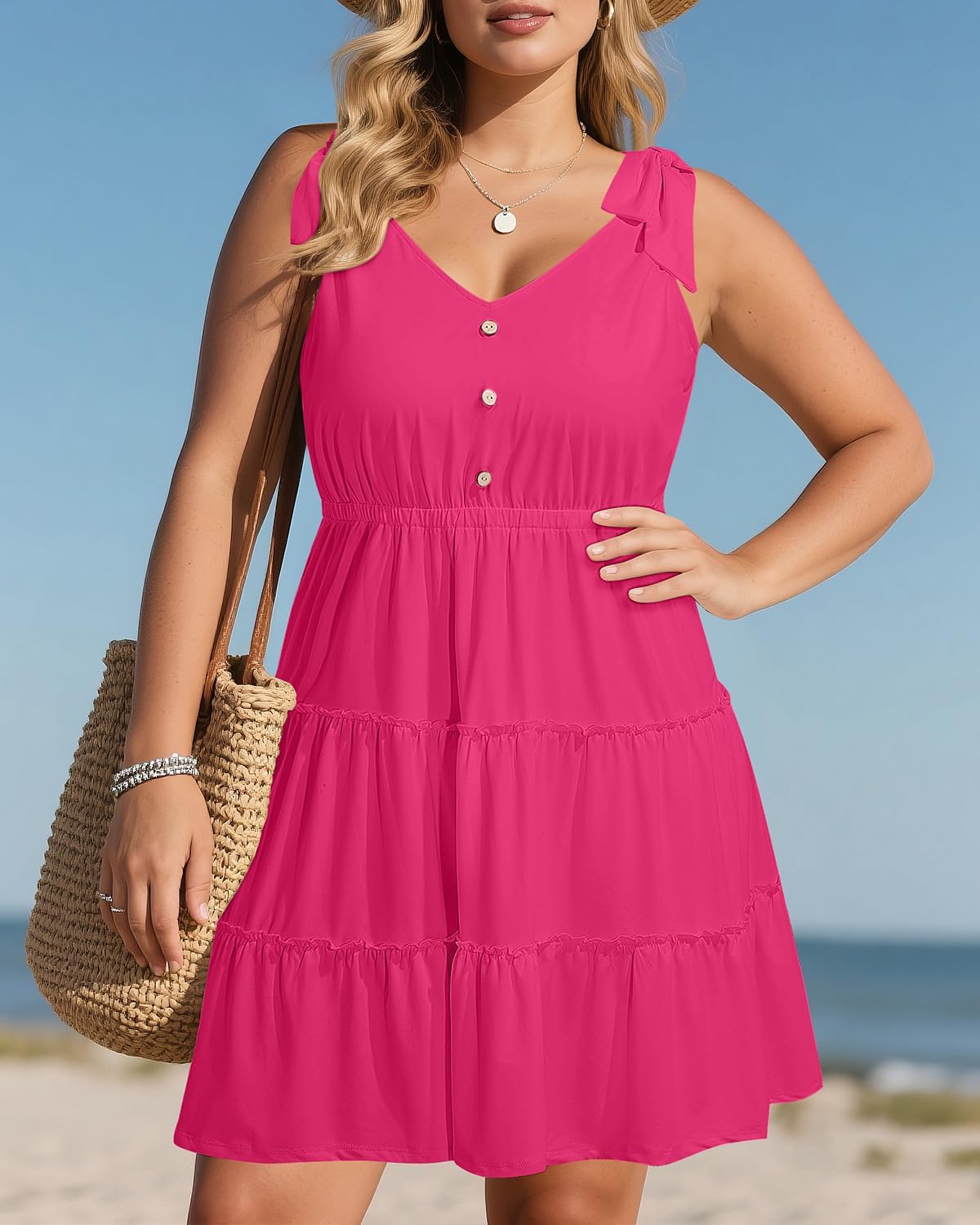 Womens Plus Size Summer Hot Pink Dress Barbie Sundress Casual Sleeveless Graduation Easter Beach Vacation Short Dresses - Image 2
