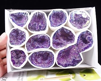 StoneStory Natural Rock Crystal Quartz Titanium Coated Geode Set Reiki Healing Crystal Geode Purple Set Druzy Mineral Specimen Home Office Decoration 1One Set 9 PiecesPurple Set