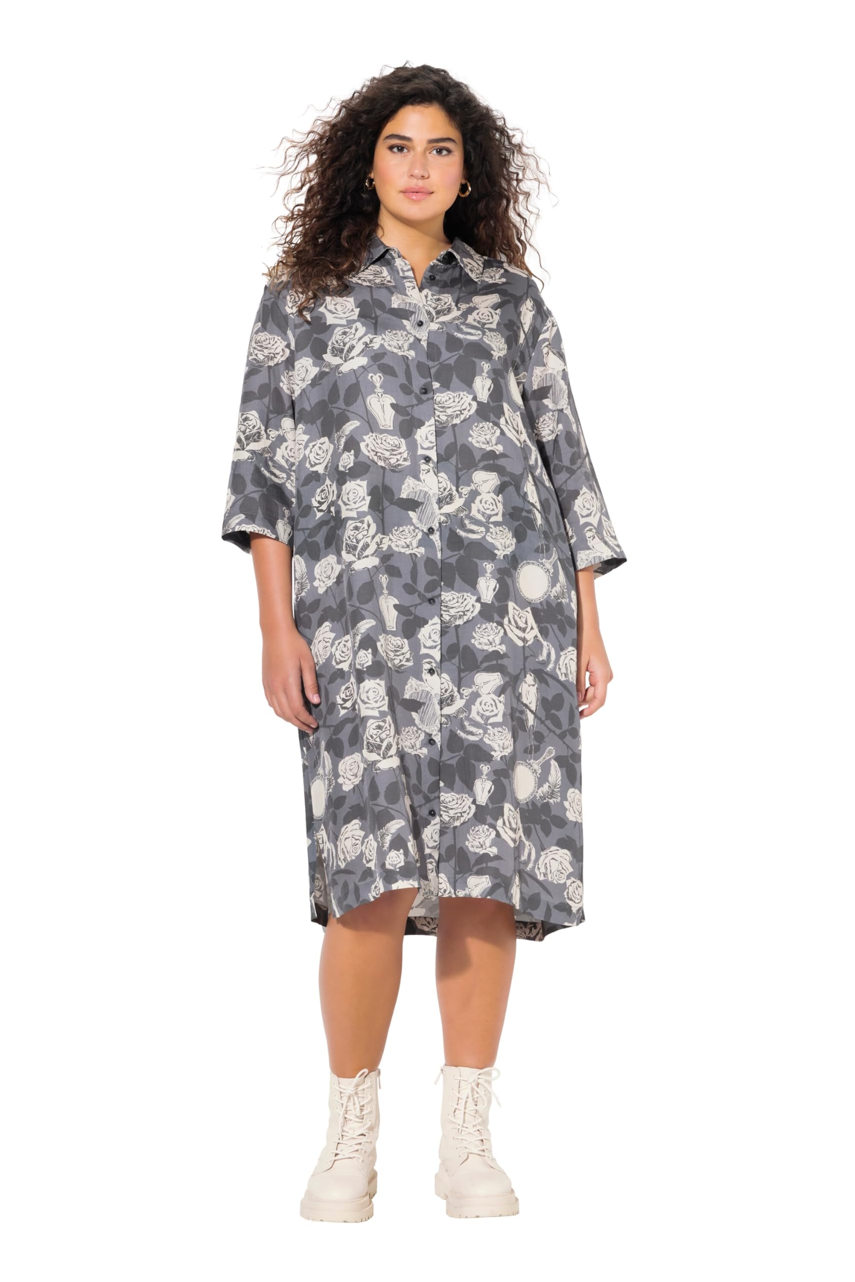 Ulla Popken Damen große Größen Übergrößen Plus Size Blusenkleid, A-Linie, Hemdkragen, 3/4-Arm, Taschen 836083