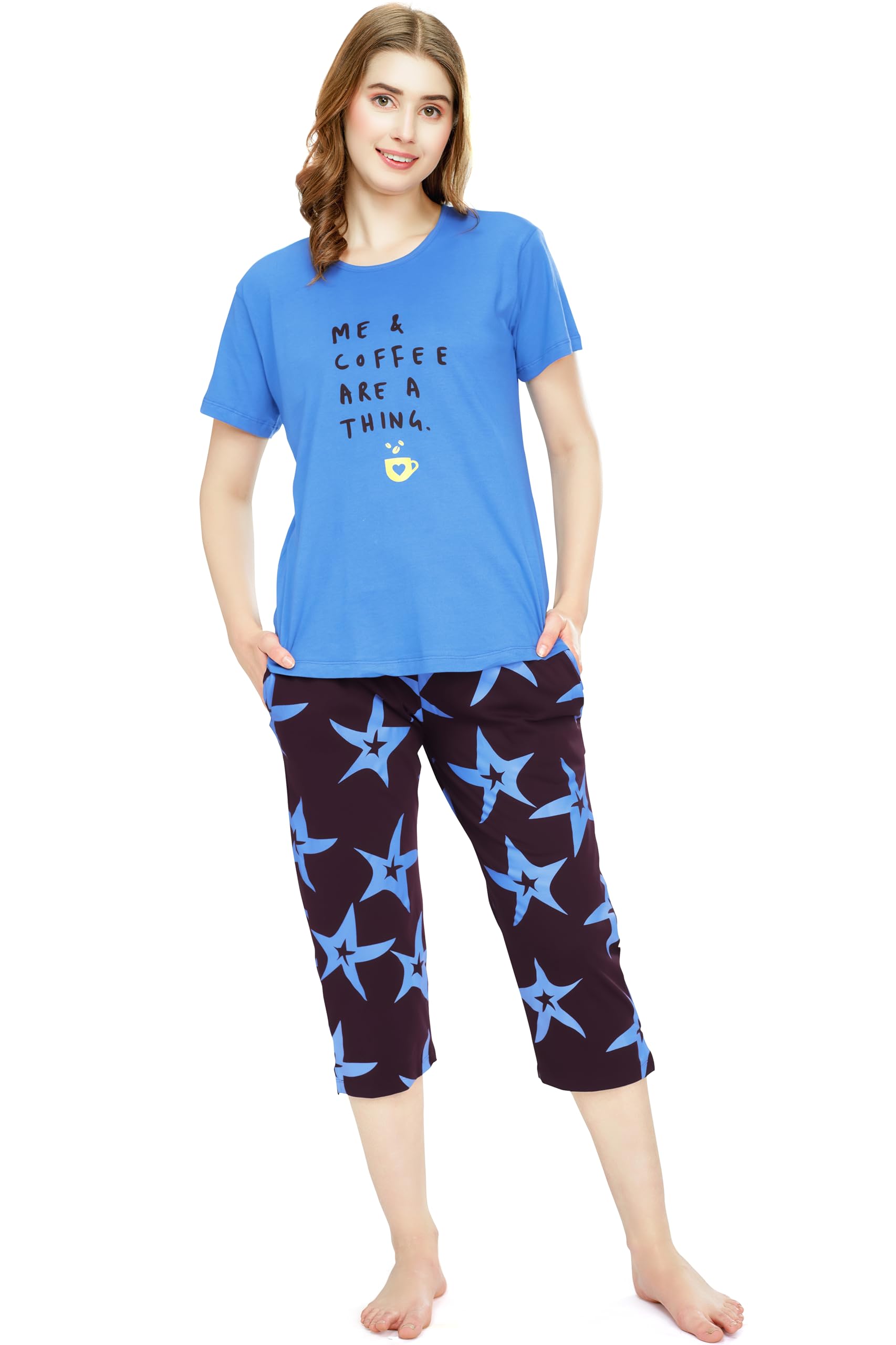 Night Suit for Women's Star Printed Cotton Night Dress of Top and Capri Set 5746-image-8