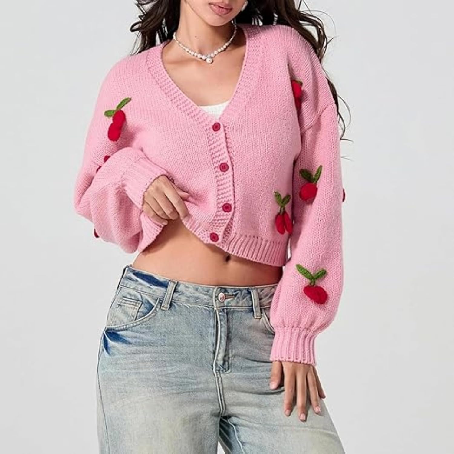 Heart Cute Cropped Cardigan for Women Aesthetic Embroidered Floral Knit Button Down Sweater Outwear - Image 3