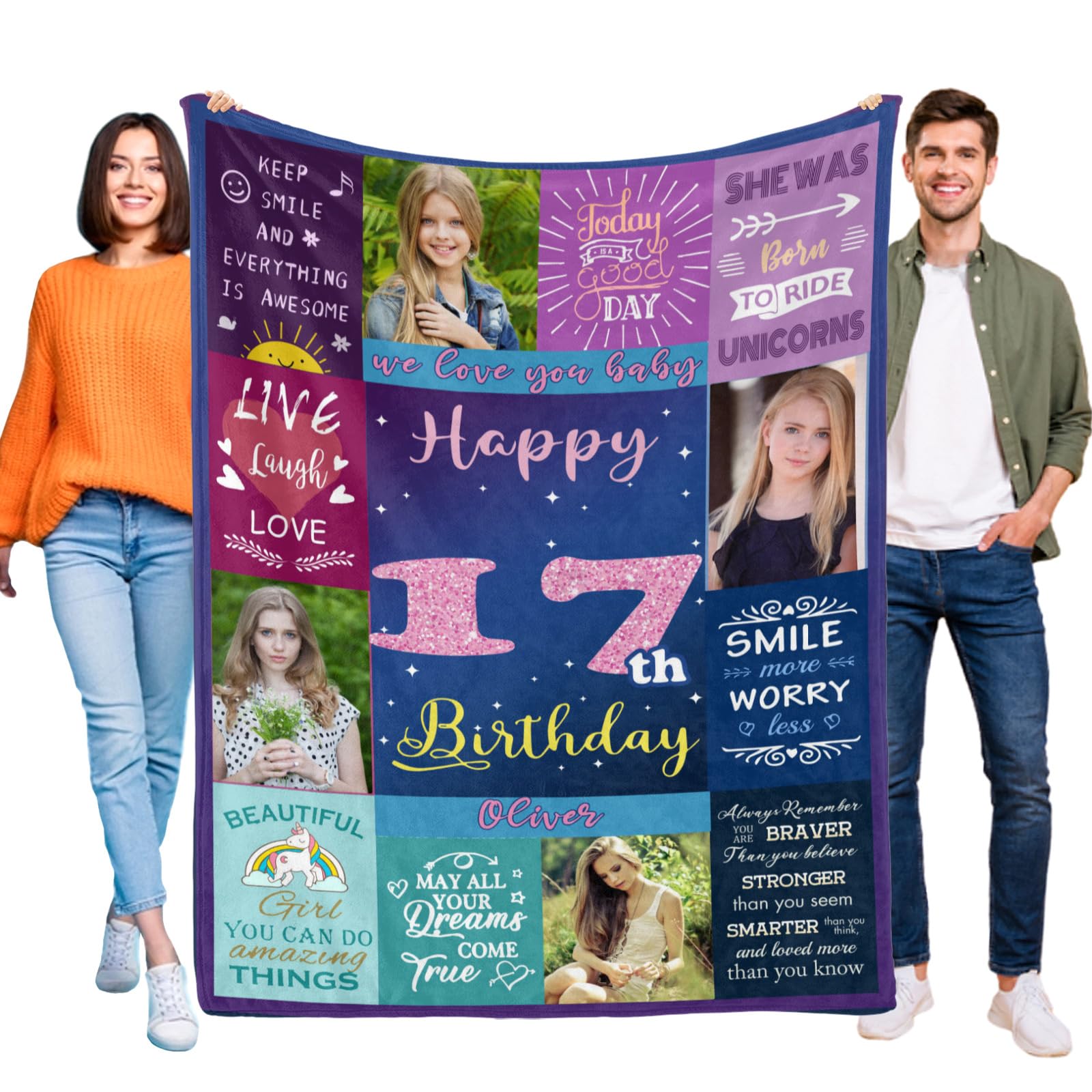 Kendt Personalised 17th Birthday Gifts for Girls, Custom 17th Birthday Blanket with Photos,17 Year Old Gifts for Daugther,Sister,Niece,Friends,17th Birthday Presents Decorations for Girl