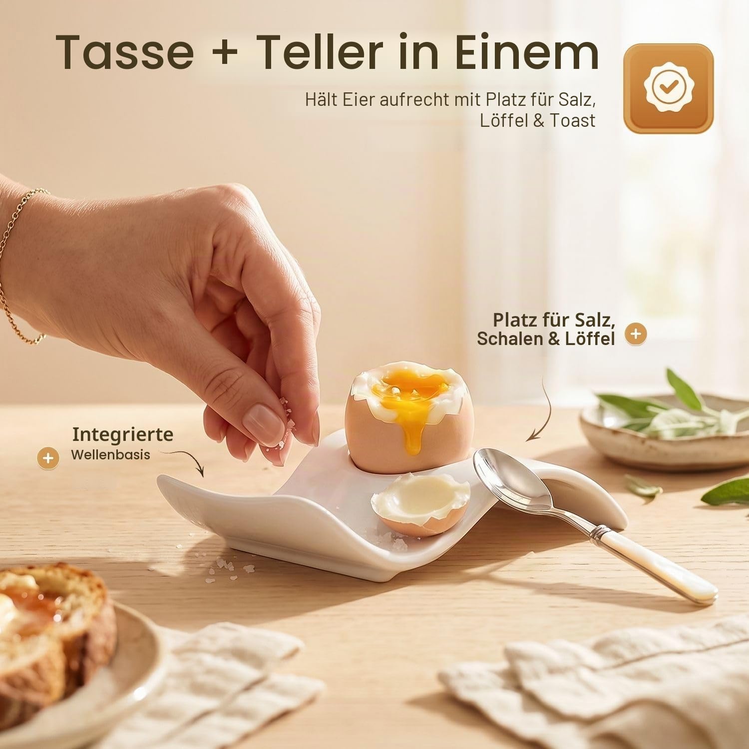 Flexzion Eierbecher für weichgekochte Eier – 6er-Set Keramik-Eierhalter – stapelbare Eierbecher mit Sockel zum Servieren, Frühstück & Brunch – Tischdeko, Wellen
