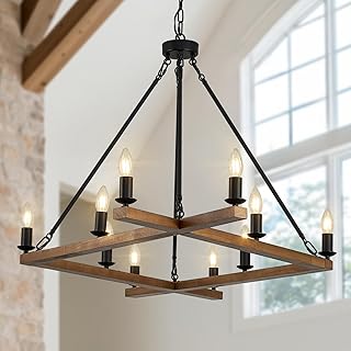 Rustic Oak Wooden Square Chandelier 10-Light L53'' Farmhouse Unique Rectangular Candle Chandelier Long Ceiling Pendant Lighting for High Ceiling Living Dining Room Foyer Kitchen Island, E12