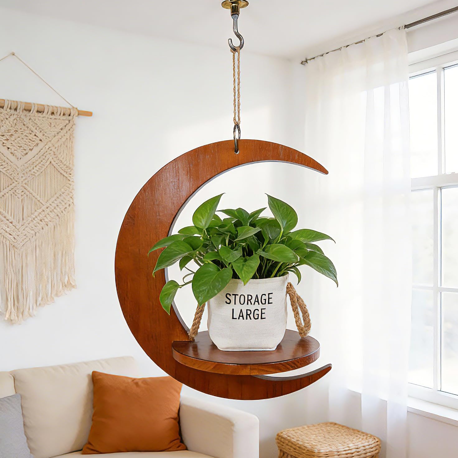 Tnstbiee Moon-Shaped Wooden Hanging Plant Stand,Nordic Modern Window Plant Shelf, Space-Saving Indoor Flower Holder for 3-5.5 Inch Pots,Aesthetic Hanging Plant Tray Decor,Gifts for Gardener & Mother