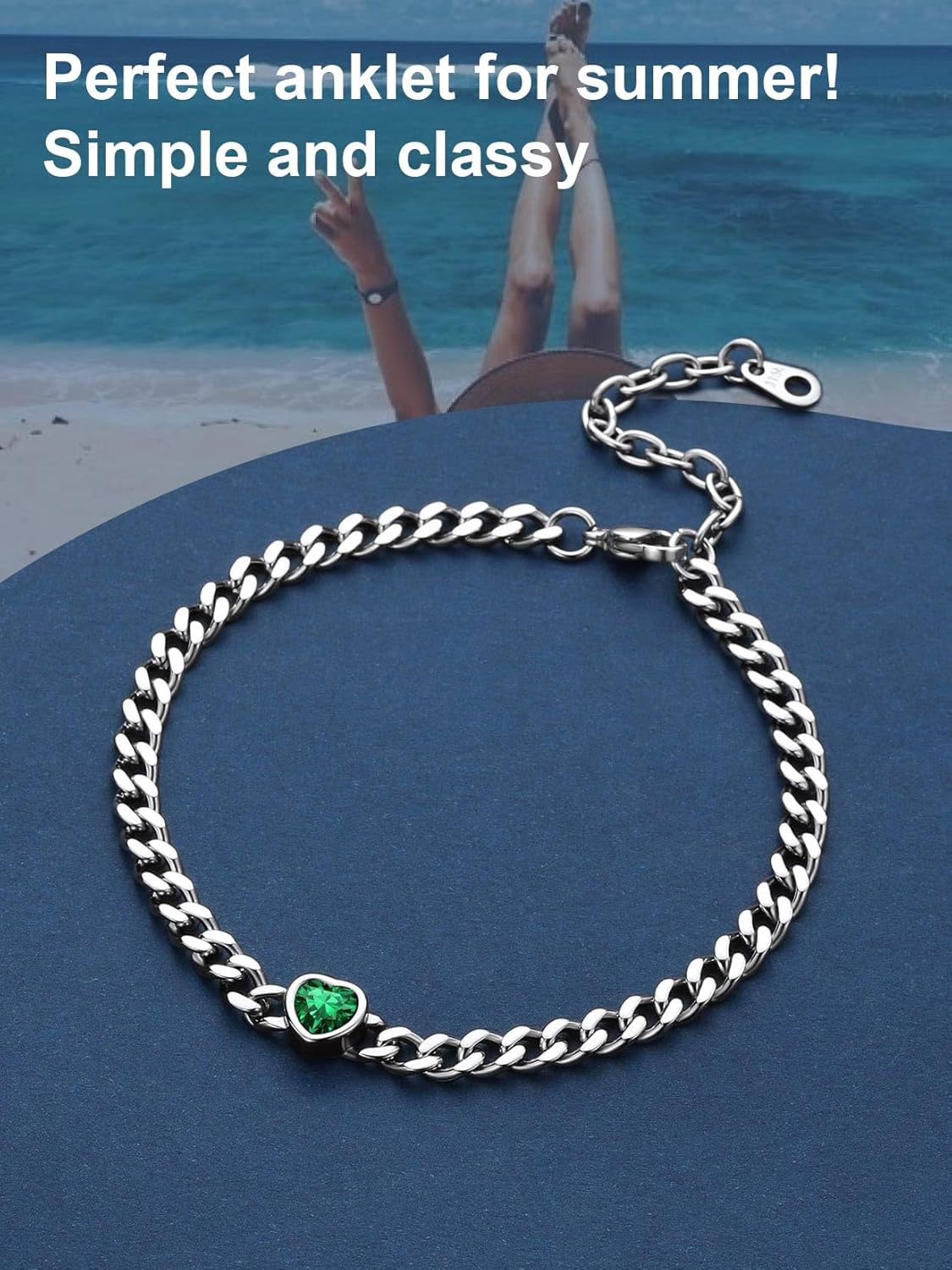ChainsProMax Women Heart Anklets 5MM Cuban Link Ankle Bracelet with Birthstone, Black-Send Gift Box