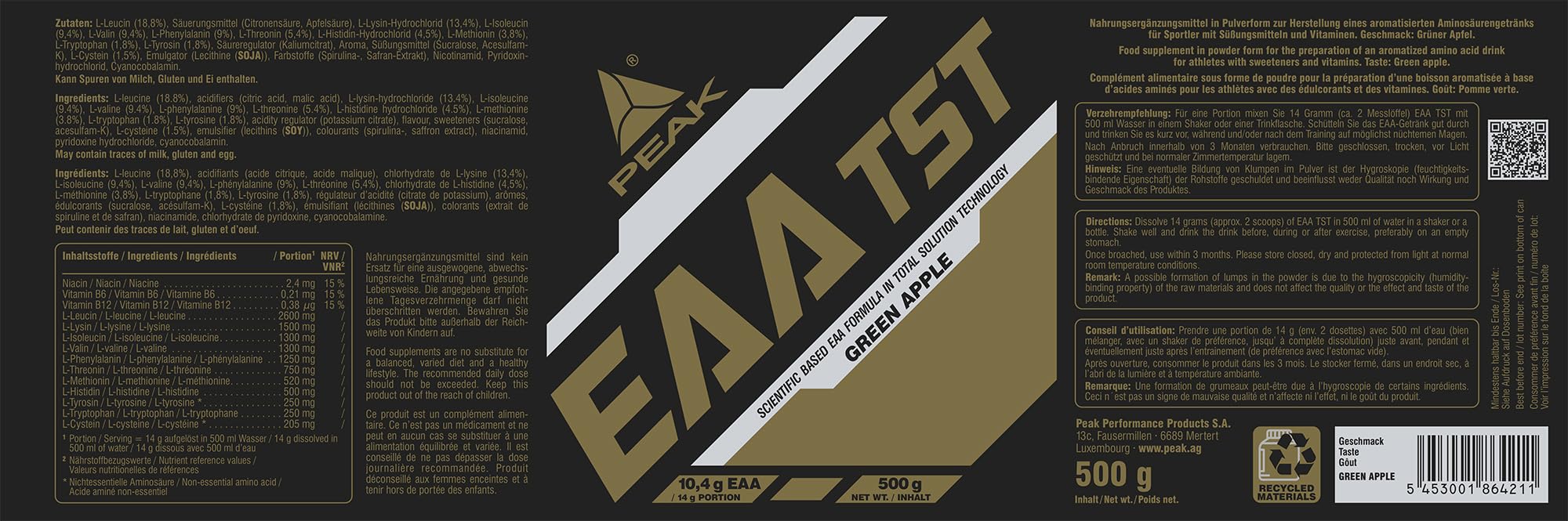 EAA - TS-Technology - 500g Geschmack Green Apple I Pulver I alle essentiellen Aminosäuren I Muskelaufbau I schnell resorbierbar I vegan I B - Vitamine