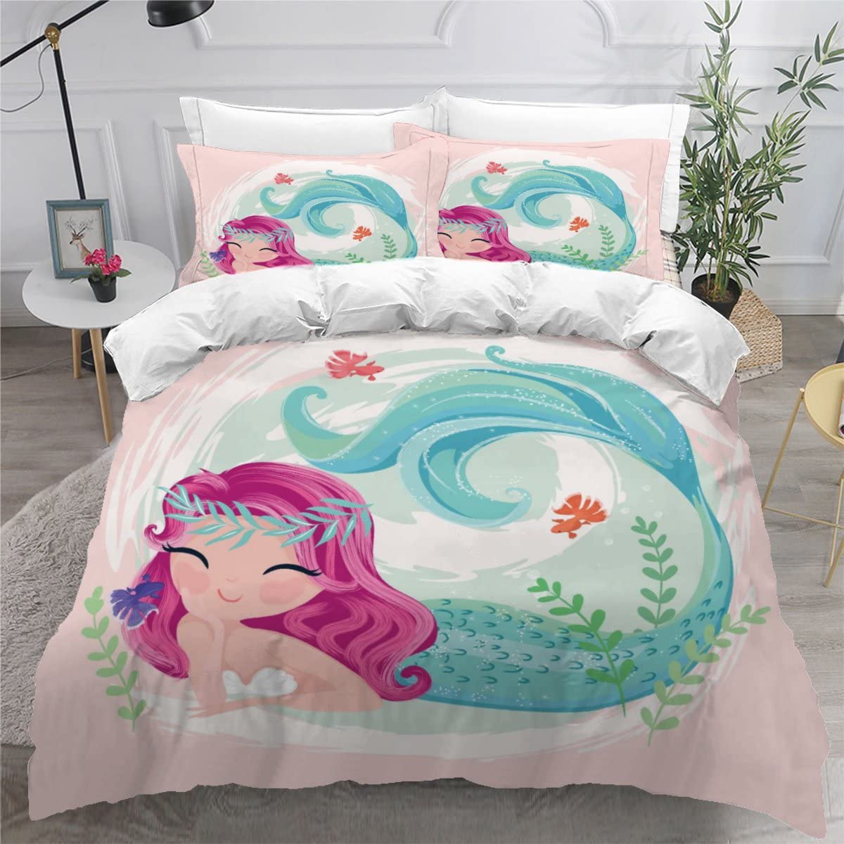 Housse de couette 240x260 sirène 3D ultra doux en microfibre avec 2 taies d'oreiller