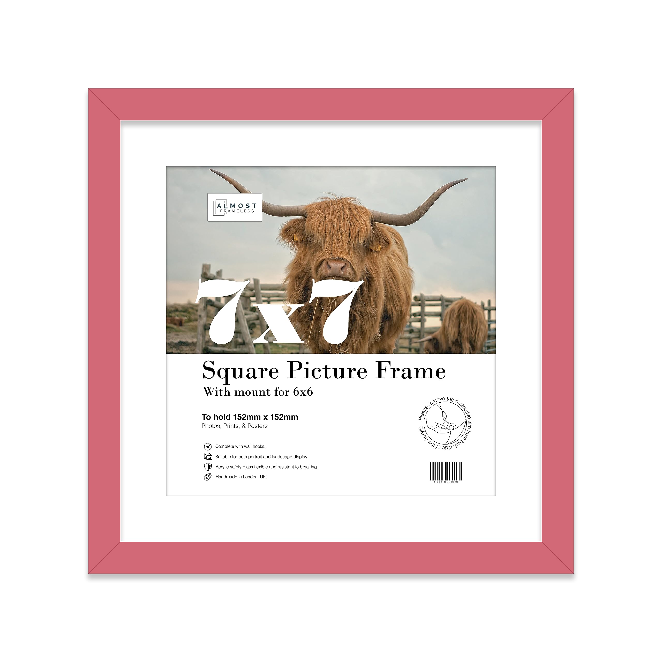 Almost Frameless 7x7 Picture Frame, Display Pictures 6x6 With Mat or 7x7 Without Mat, Wall Hanging & Free Standing Photo Frame, Pink, 1 Pack
