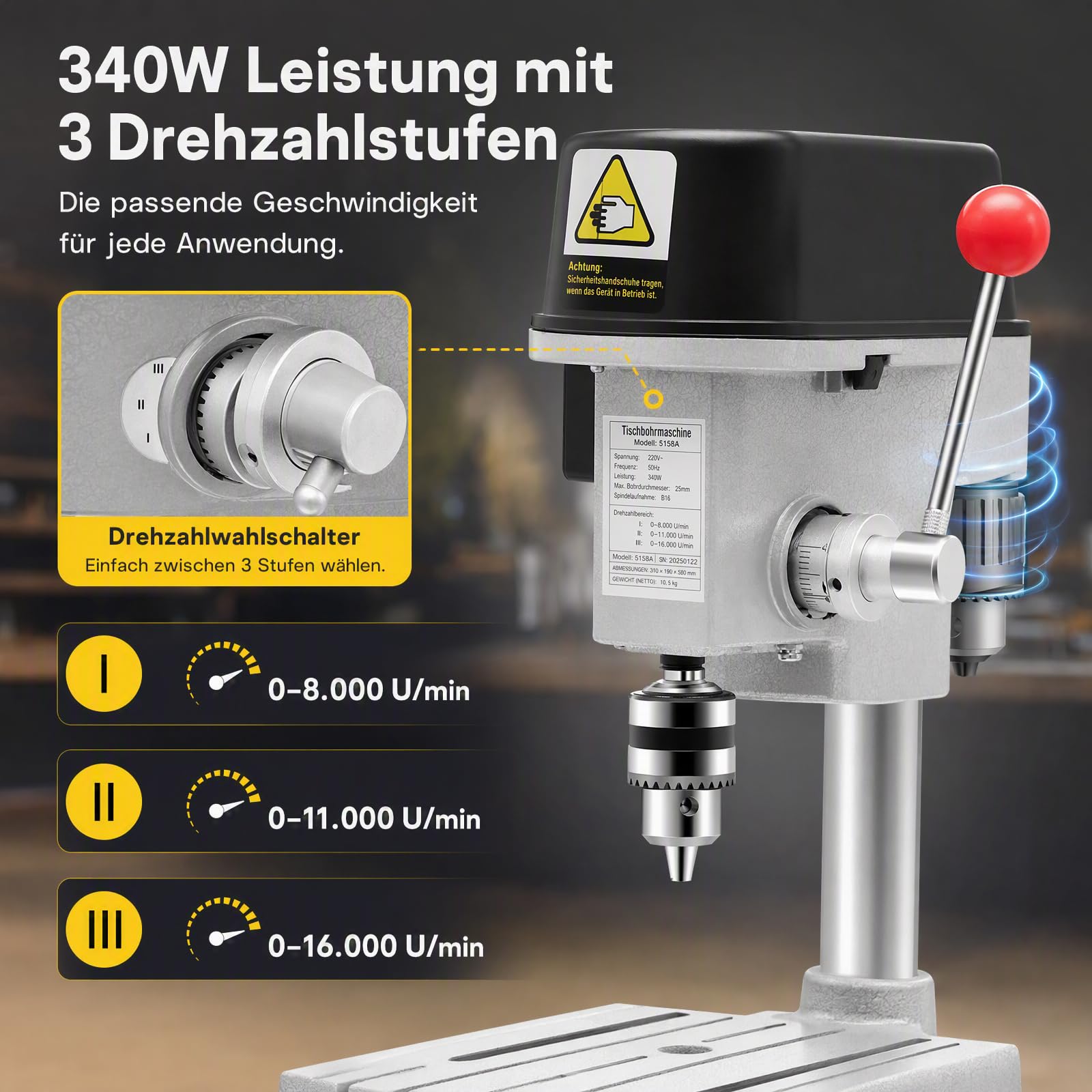 Trapano da banco da 340 W, 220 V, 3 velocità regolabile, per legno