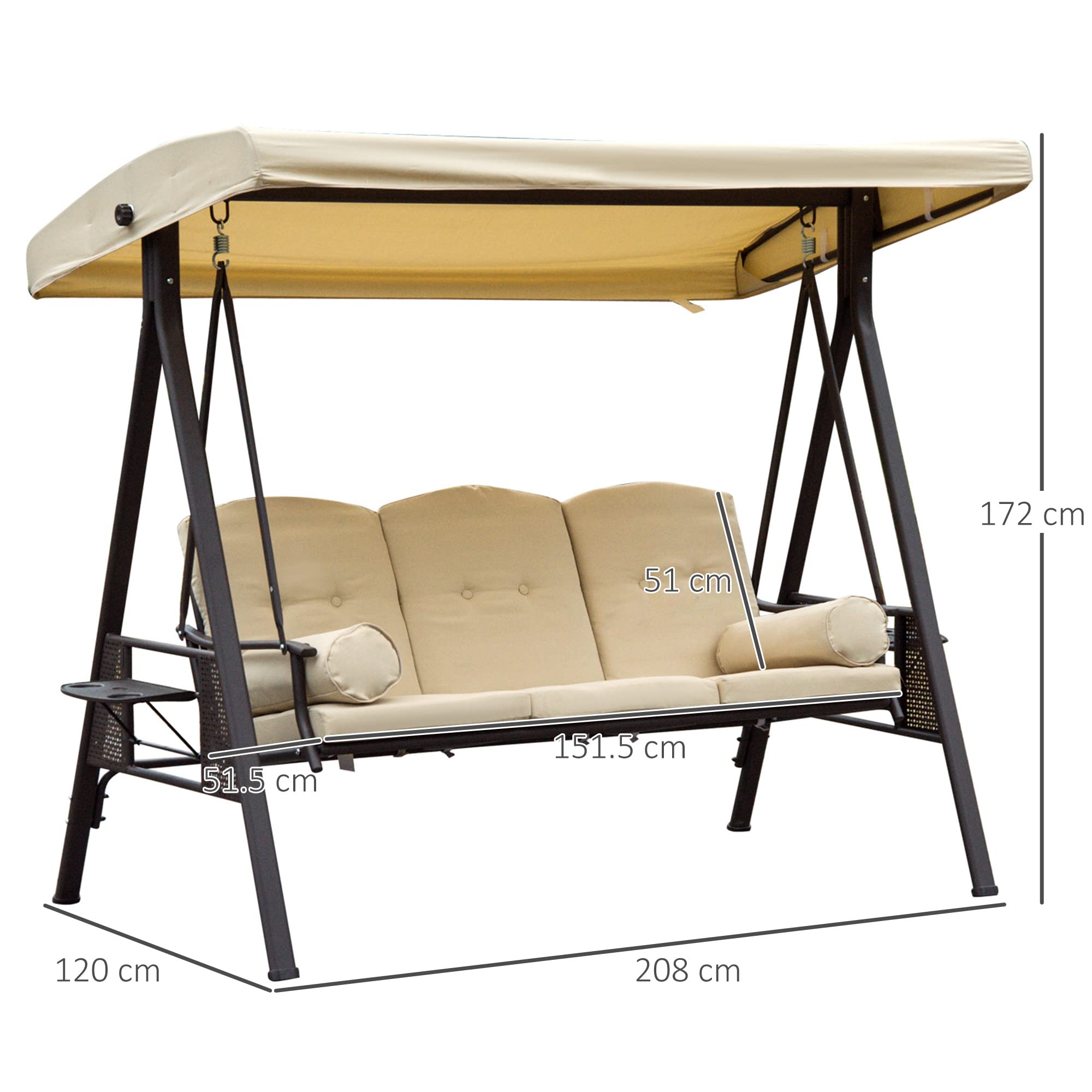 Outsunny Dondolo da Giardino 3 Posti in Metallo con Tetto Inclinabile e Cuscini Imbottiti 280x120x172cm, Beige