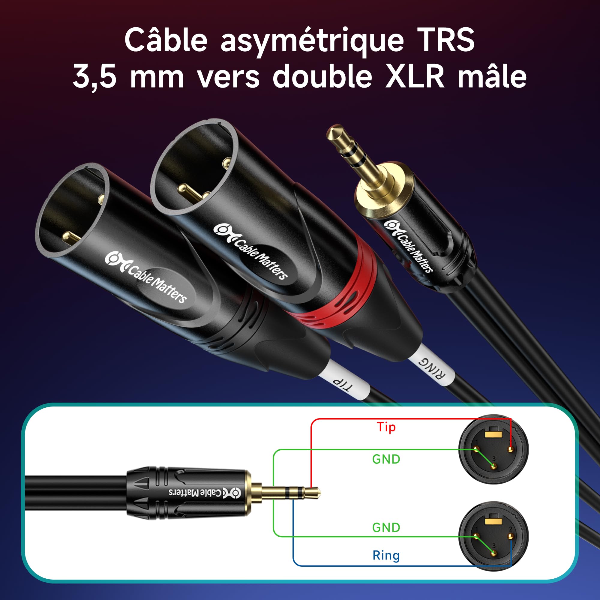 Cable Matters Câble XLR Mini Jack 3.5 mm, Cable Jack vers 2 XLR de 1,8 mètres