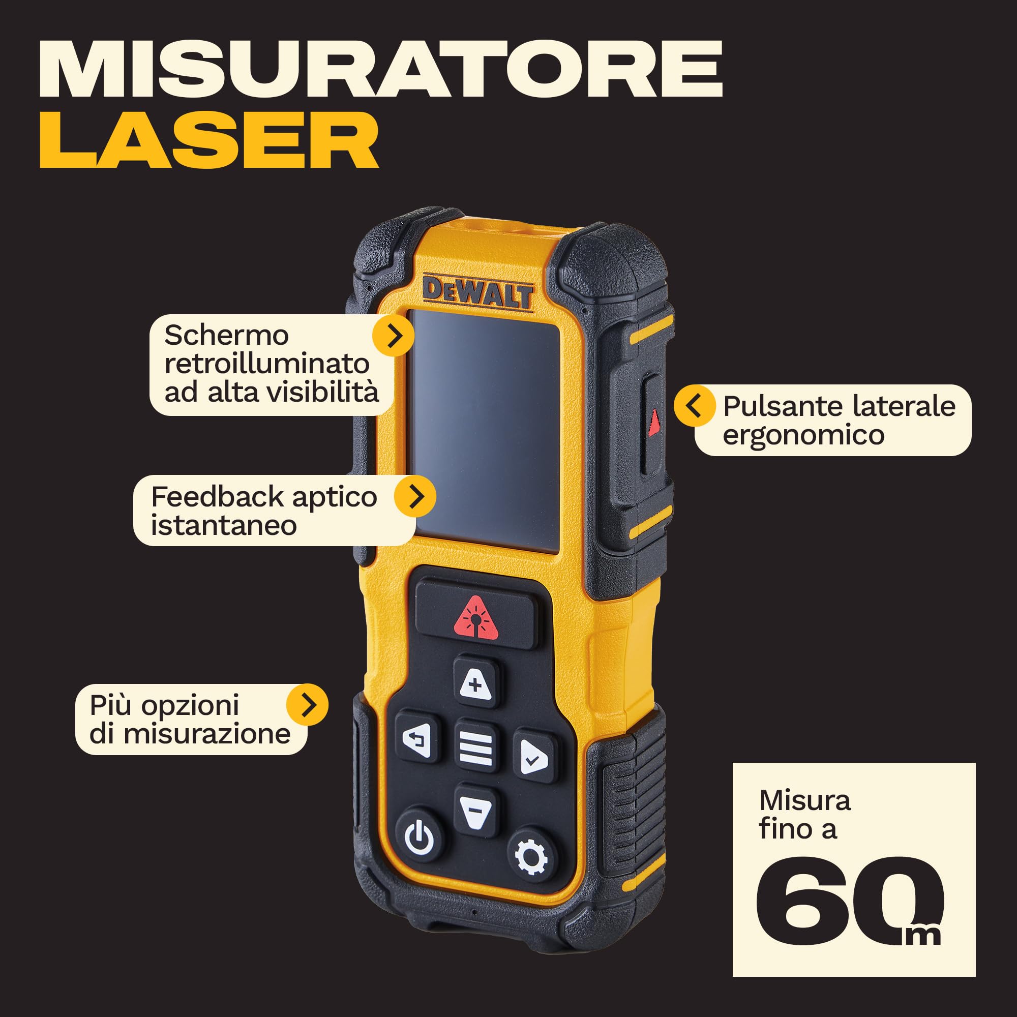 DEWALT Misuratore di distanze laser 60 metri con batterie alcaline (non incluse) fino a 60m, DWHT77200-XJ