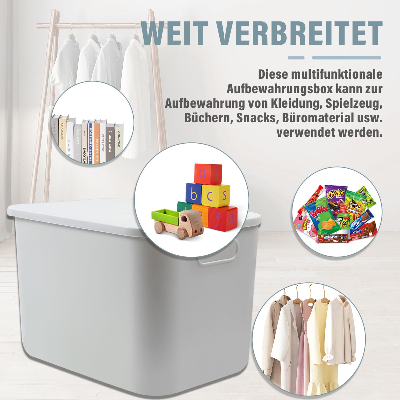 4Stk 23L Kunststoff Aufbewahrungsbox mit Deckel, 37x26x24cm Kunststoffbox Organizer Box, Stapelbare Ordnungsboxen mit Griffen, Vielseitige Weiß Aufbewahrungskiste für Bad Küche Büro Wohnzimmer