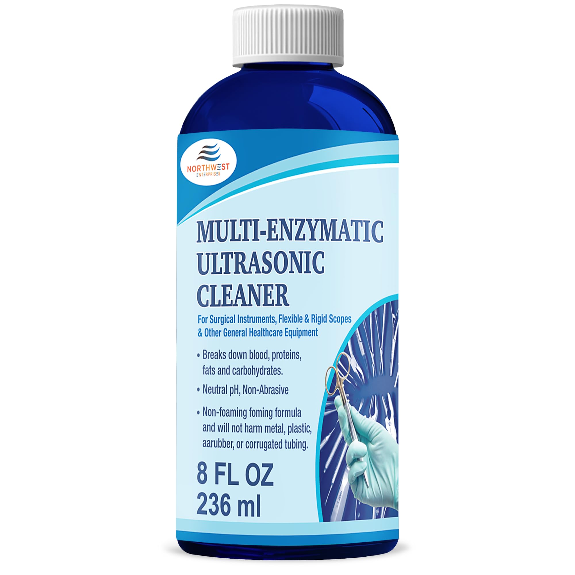 NORTHWEST ENTERPRISES Multi-Enzymatic Ultrasonic Cleaner Solution for Surgical Instrument and Equipment Reprocessing - Concentrated Solution (8 ounce; 1-Pack)