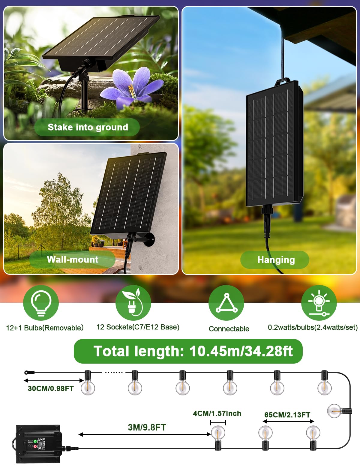 FIFlying Guirnaldas Luces Exterior Solar, 17.1M/56.1Ft Lámparas Solares de Jardín Luces con 24+1 G40 Bombillas, 8 Modos Impermeable Guirnalda Solares para Jardín, Terraza, Navidad, Fiesta — view 7
