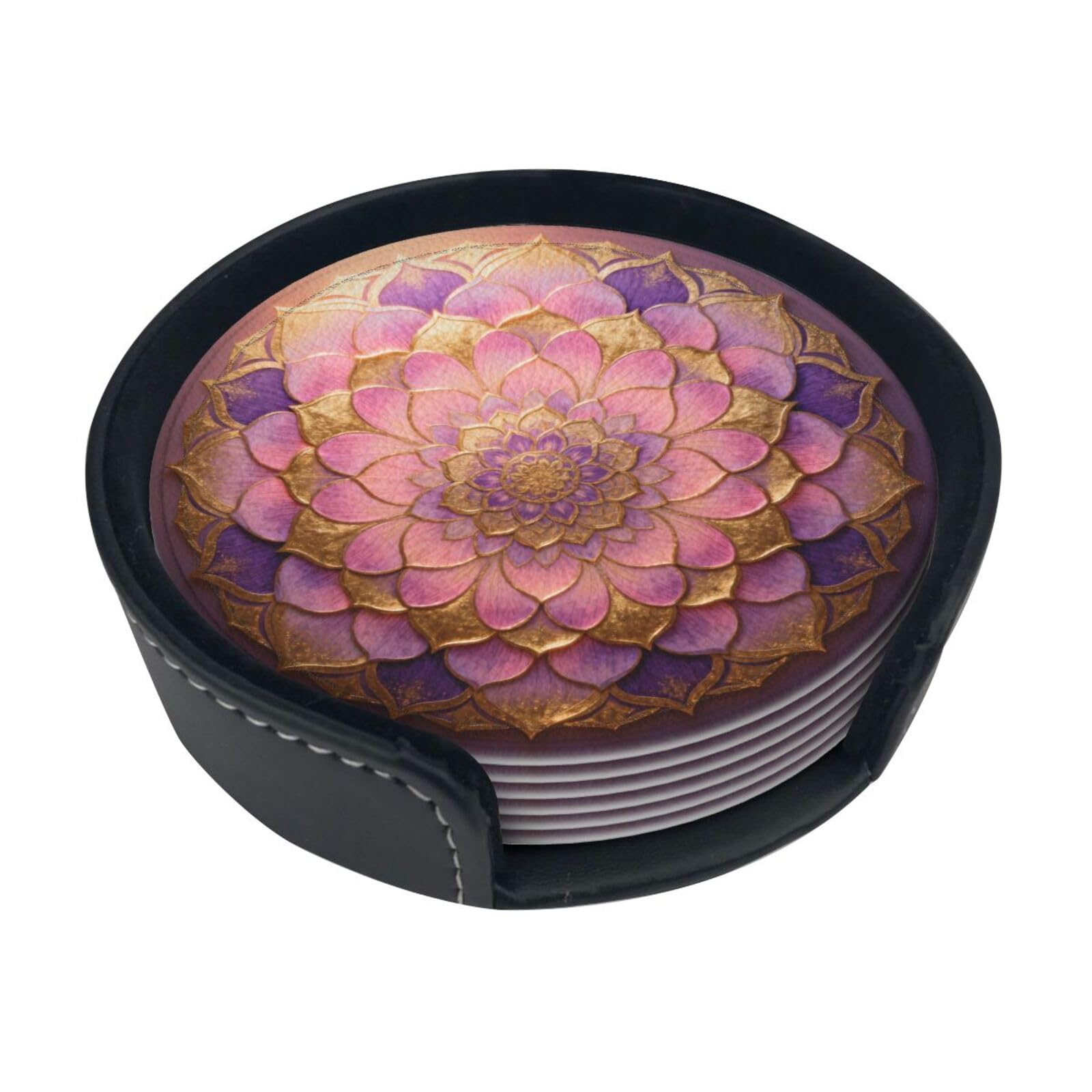 Cntdbu White Mandala Flower Circle Leather Coasters Set Of 6-Pu Leather Drink Mats For Table, Heat Resistant Round Coasters With Holder