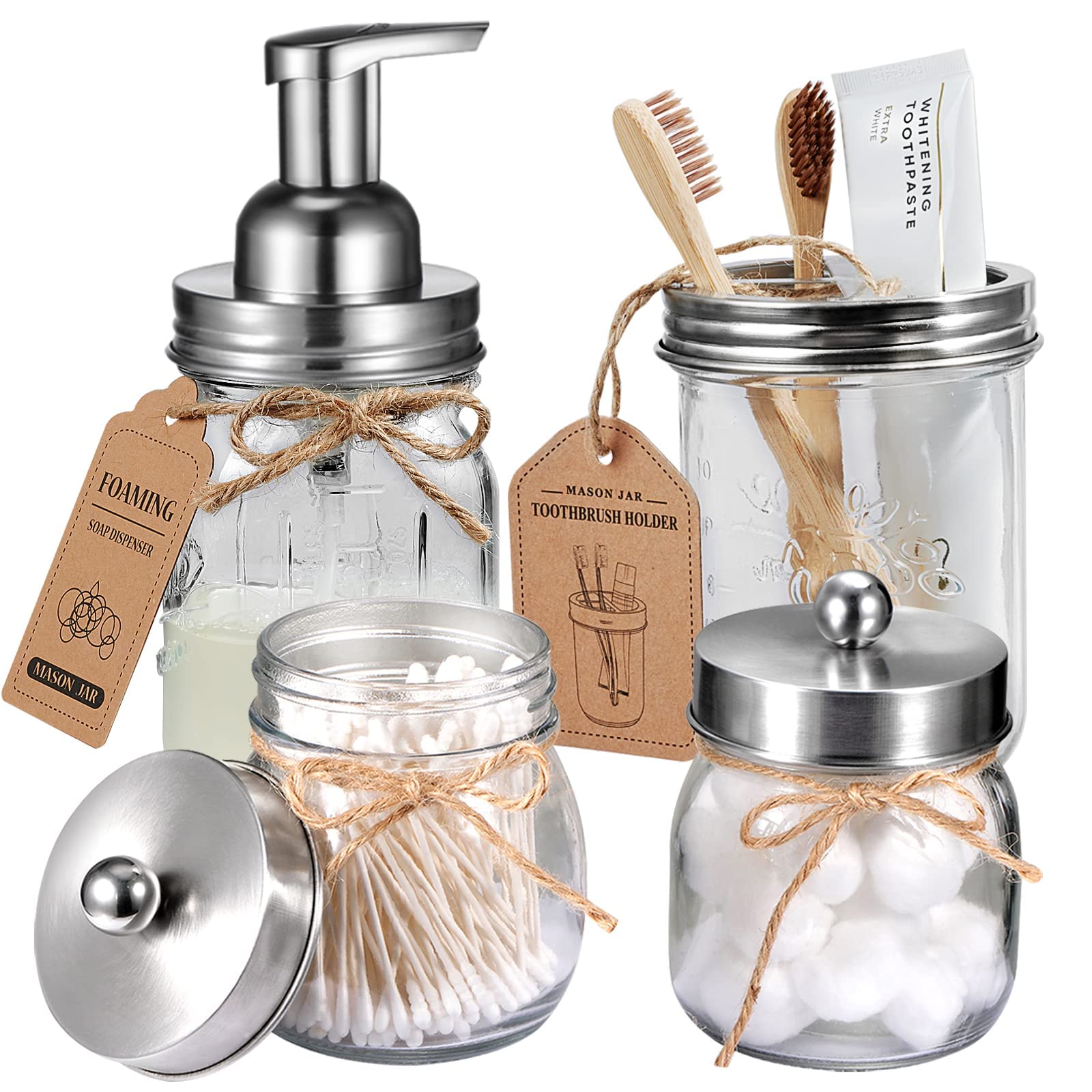 Amolliar Mason Jar Bathroom Accessories Set 4Pc - Foaming Soap Dispenser&2 Qtip 