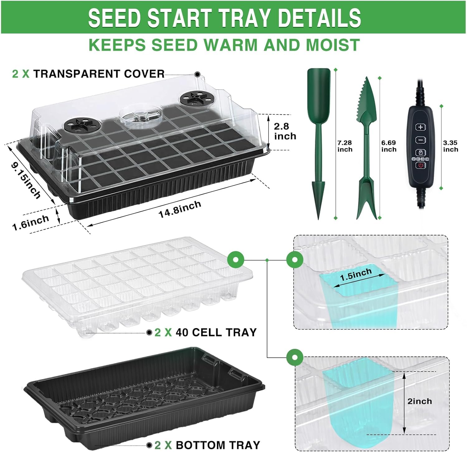 YAUNGEL Vassoio Germinazione con Luce di Coltivazione, 2 Pezzi 80 Celle Semenzaio Germinazione, Mini Serra Propagatore con Luminosità Regolabile e Regolatore di Temporizzazione, Nero