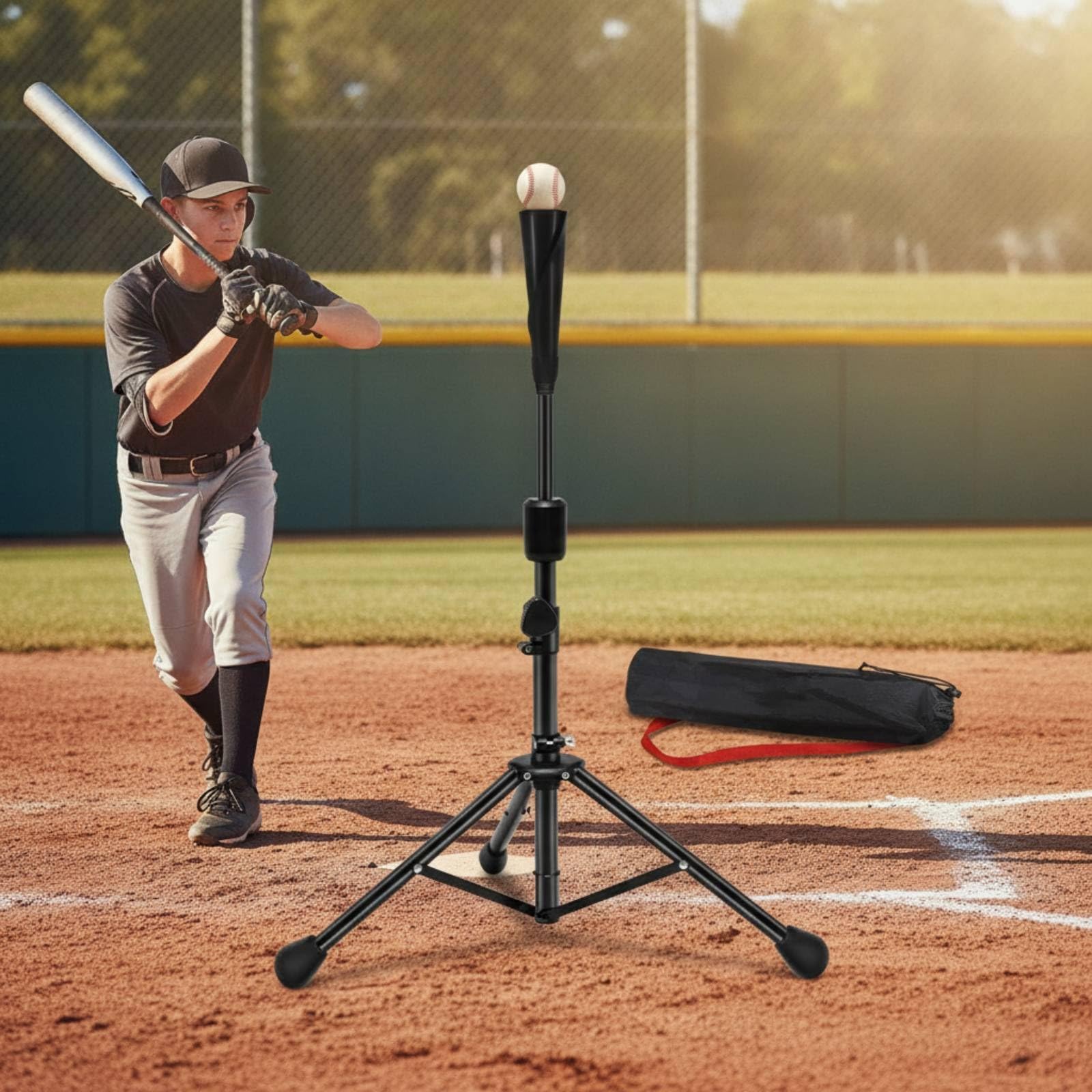 Entrenador de Béisbol tee para Práctica Ajustable Plegable con Goma Absorbente y Bolsa Adecuado para Trabajos de Bateo Mejora de Técnica Ejercicios en Gimnasio Entrenamiento Individual