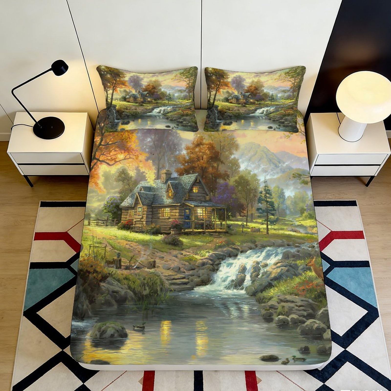 3D Printed Landscape Waterfall Fitted Sheet Microfiber Scenic Forest Bed Cover for Bedroom Guest Room Decor 90x200x25cm