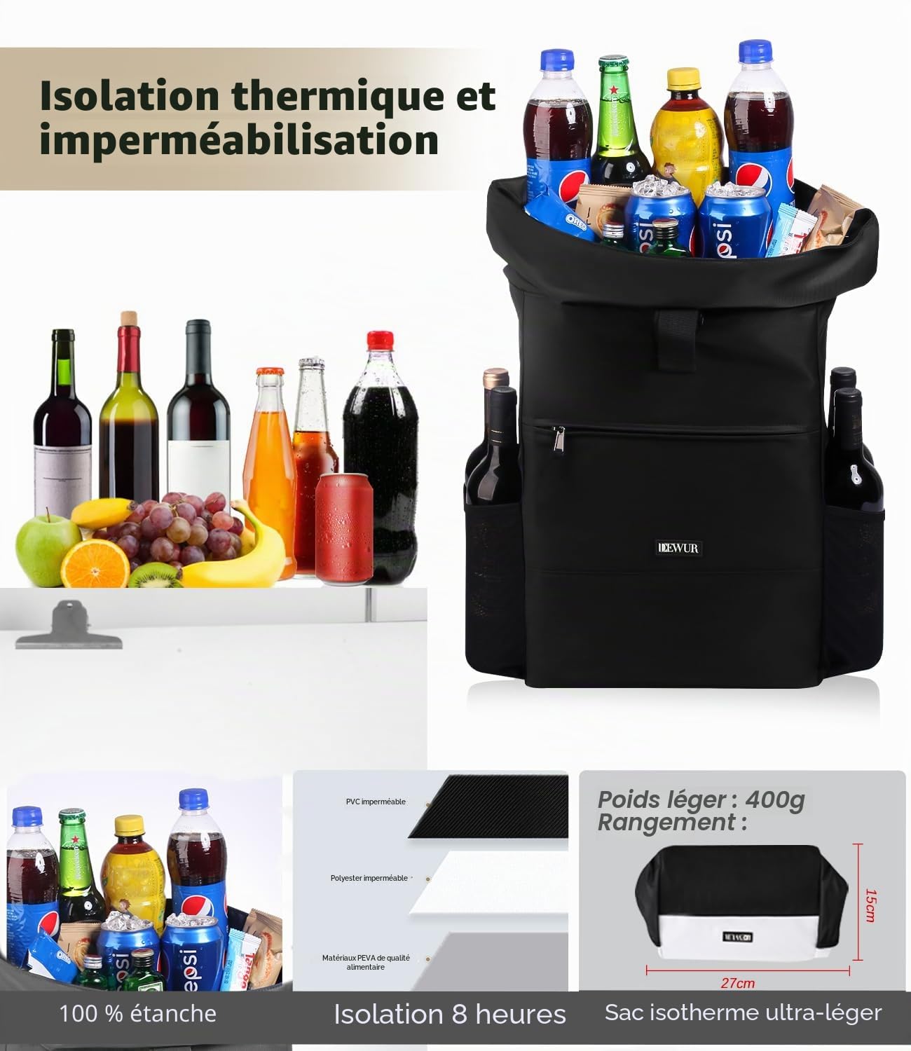 DEWUR Sac à dos isotherme 20 l - Sac à dos isotherme - Sac isotherme - Sac à dos de pique-nique étanche avec décapsuleur - Pour pique-nique, camping, plage, randonnée, voyage, shopping