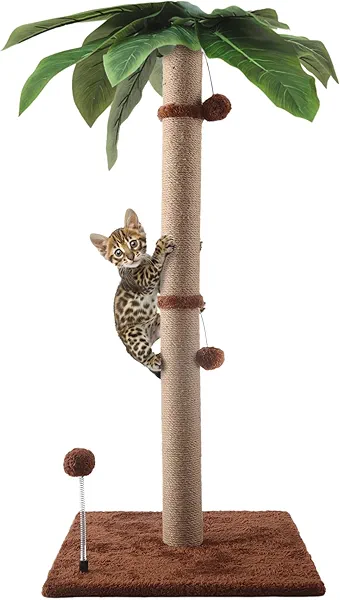 Pomesea Cat Scratching Post, 34'' Tall Cat Scratchers for Indoor Cats with Hanging Balls, Tall Cute Sisal Kitten Scratch Post with Reinforced Stable Base, Brown, Medium