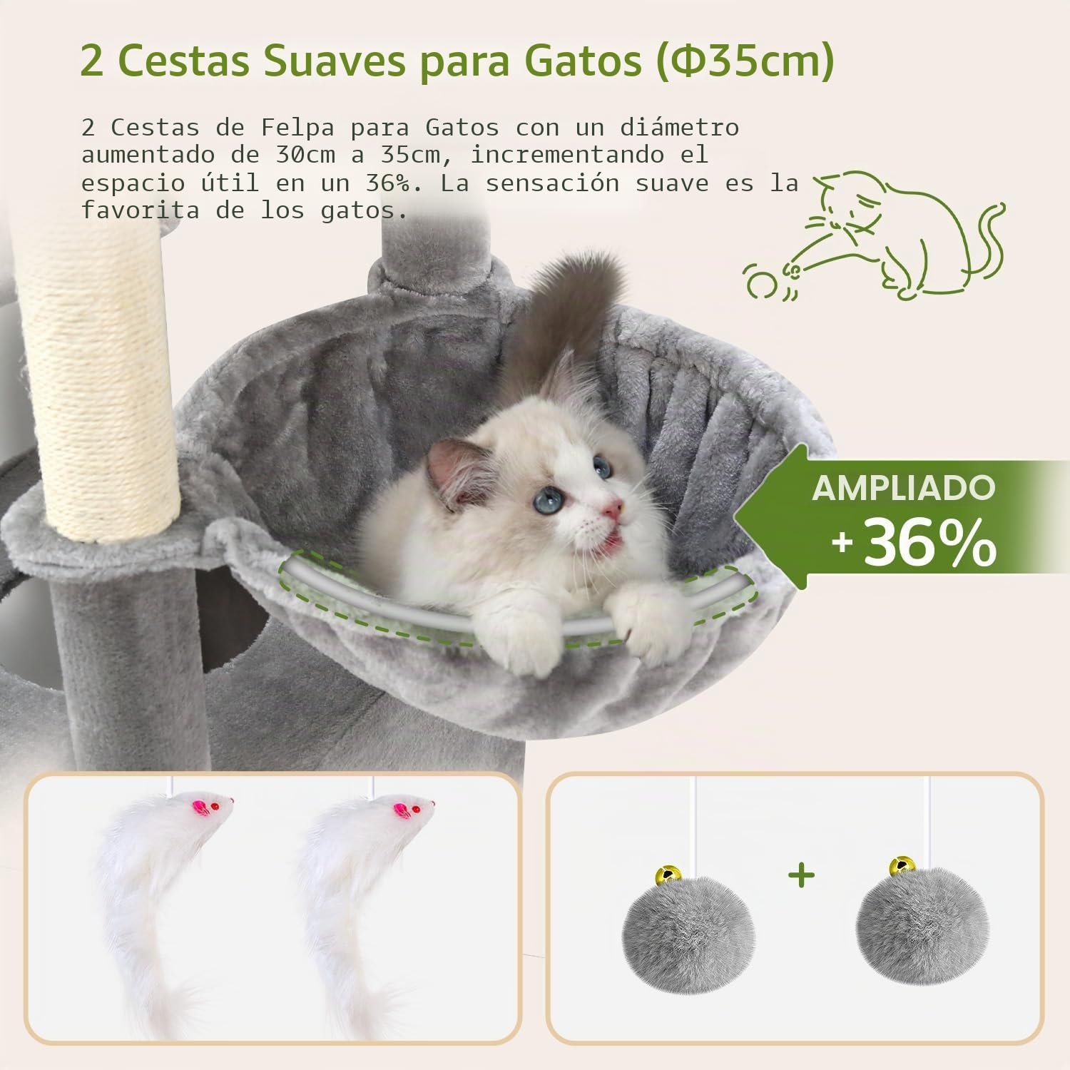 Globlazer Arbol Rascador para Gatos alto 189 cm con 2 Nidos Grande 45*40*35cm, 3 Plataforma Amplio 45*40CM, 2 Percha, 2 Cesta, Enorme Torre para Gatos Grandes Maine Coon Adultos (S74E, Gris Claro)
