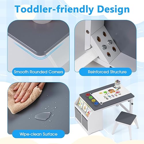 Miniatura 7 de Costzon Mesa y sillas de arte para niños, juego de escritorio de actividades de madera con rollo de papel, 4 tazas de pintura, estantes de