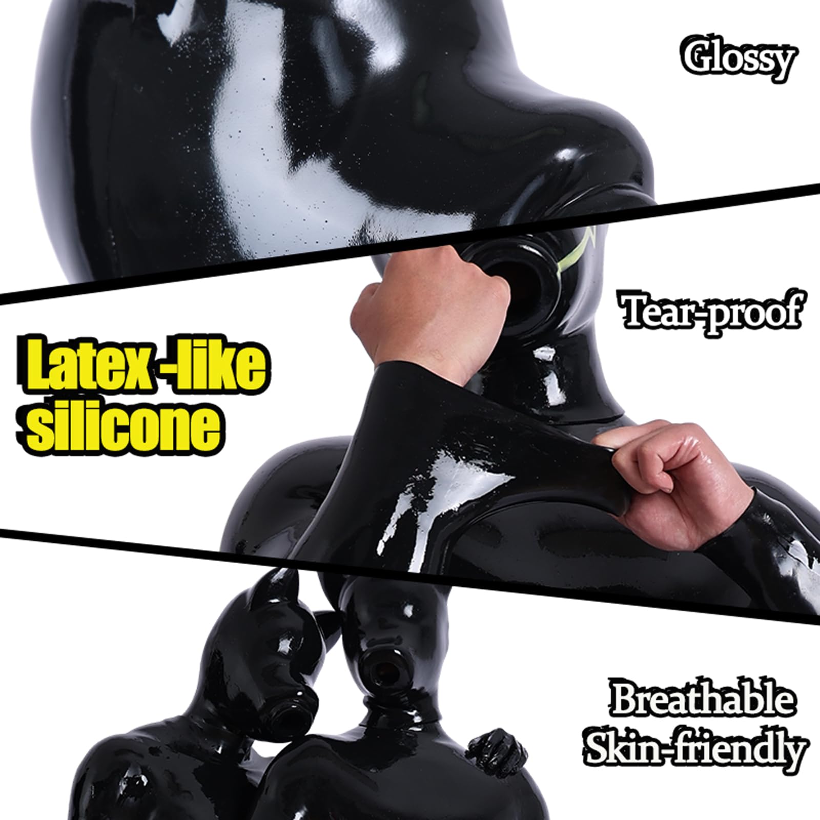SMITIZEN Latex-like Silicone Drone Dog Mask, Shiny Full Face Rubber Hood, Breathable Gas Mask Puppyplay Gear Furry Fetish Art: Pure Black-long Ears