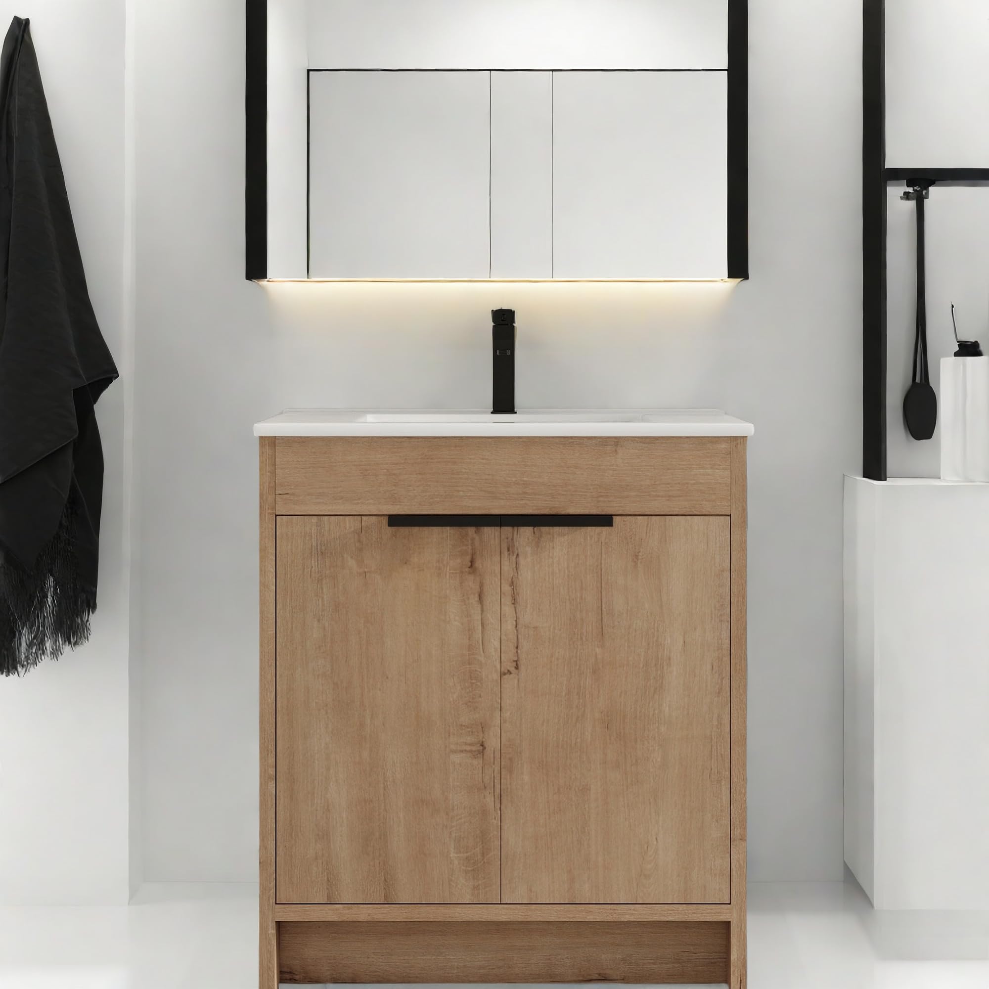 Bathroom Vanity, 30 Inch Freestanding Vanity with Ceramic Sink, Single Bathroom Vanities with Black Metal Handles & Adjustable Shelves, Pedestal Sink Cabinet for Bathroom, Imitative Oak