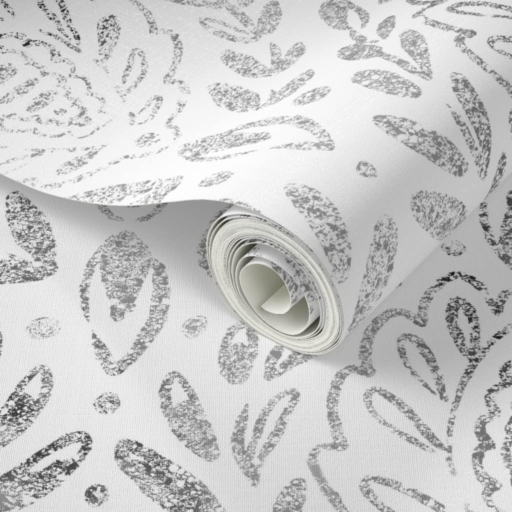 Peel & Stick Wallpaper 9ft x 2ft - Distressed Grey Damask Leaves Black White Gray Neutral Custom Removable Wallpaper by Spoonflower