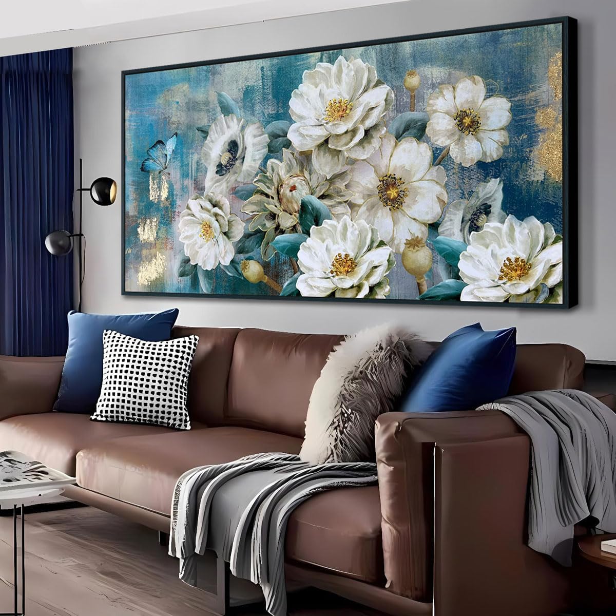 Arjun Flower Canvas Wall Art White Elegant Modern Teal Picture Gold Foil Painting Textured Turquoise Floral Artwork for Living Room Bedroom Home Office Wall Decor Black Wood Framed Extra Large 58x29